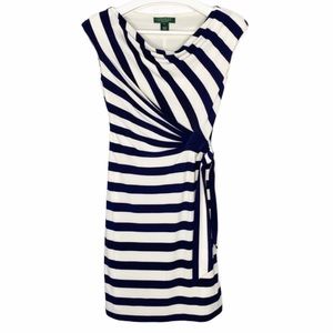 RALPH LAUREN Navy & Ivory Striped Ponte Knit Dress Petite 0